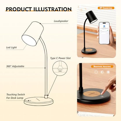 LED Desk Lamp with Speaker 3 Light Colors (Black)