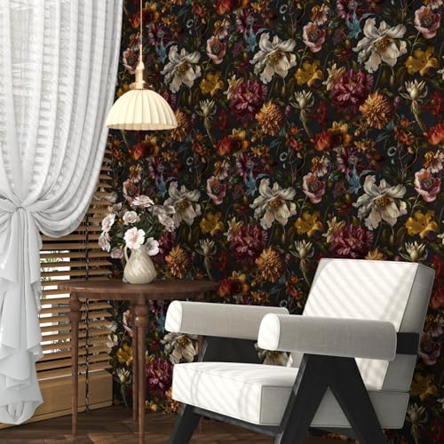 Vintage Black Boho Gothic Floral Peel and Stick Wallpaper 17.4"x393" (Black/Dark Yellow / 17.4" x 393.5")