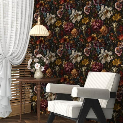 Vintage Black Boho Gothic Floral Peel and Stick Wallpaper 17.4"x393" (Black/Dark Yellow / 17.4" x 393.5")