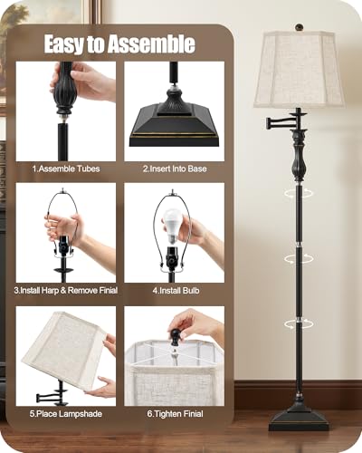 62" Floor Lamps for Living Room with 350°Adjustable Swing Arm & Dimmable Colors Temperature Bulb