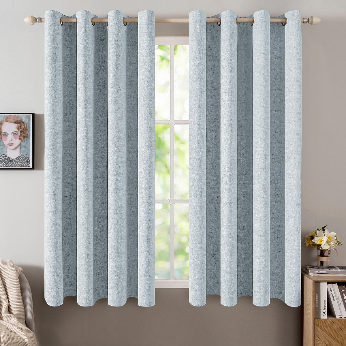 100% Blackout Linen Curtains for Bedroom 52x63 Inches Chambray Blue (Chambray Blue / 52"W x 63"L (Pack of 2))