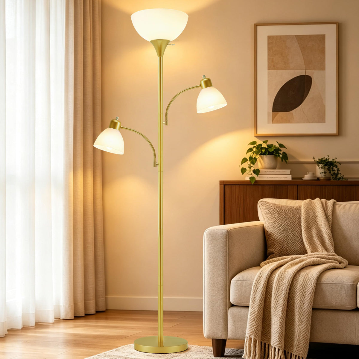 3 Head Torchiere Floor Lamps with 2 Reading Lamp for Living Room (Gold)
