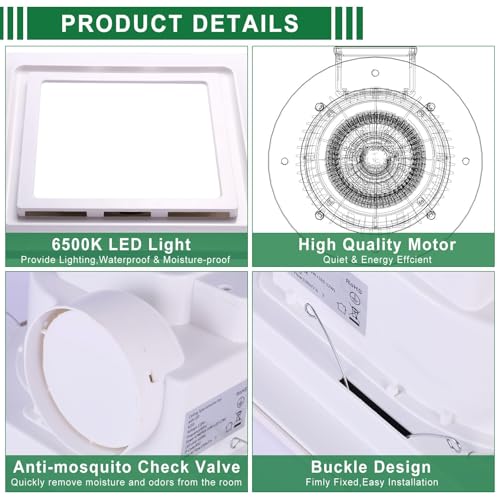 12" Ultra Quiet Bathroom Exhaust Fan with 6500K LED Light