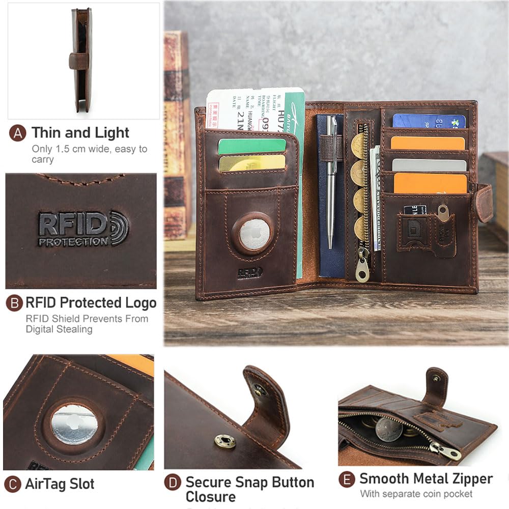 CONTACTS Full Grain Leather Passport Holder Compatible with Airtag RFID Blocking Passport Wallet for Men Travel Passport Cover with SIM Card Removal Tool (Coffee / Badge- Snap)