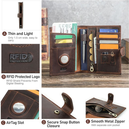 CONTACTS Full Grain Leather Passport Holder Compatible with Airtag RFID Blocking Passport Wallet for Men Travel Passport Cover with SIM Card Removal Tool (Coffee / Badge- Snap)