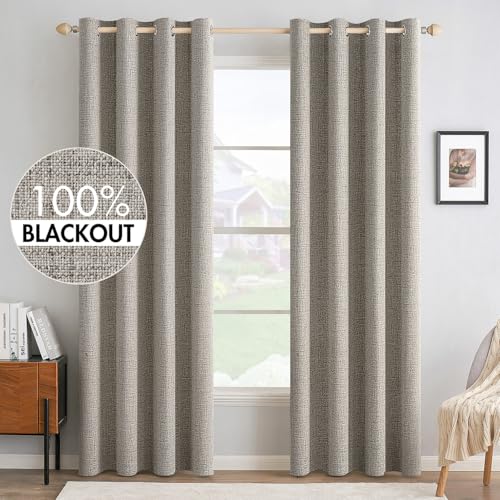 100% Blackout Linen Curtains for Bedroom 52x84 Inches Greige (Greige / 52"W x 84"L (Pack of 2))