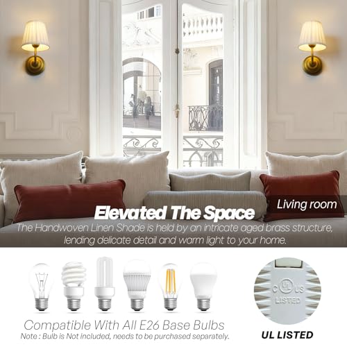 Vintage Wall Sconce Light Brass Gold Bathroom Vanity Light with Cotton Fabric Shade Hardwire Wall Sconce Lamp for Bedroom Living Room Bathroom Hallway Indoor