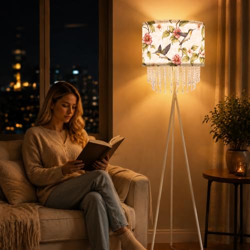 Smart Tripod Floor Lamp with Fabric Shade & Acrylic Droplets