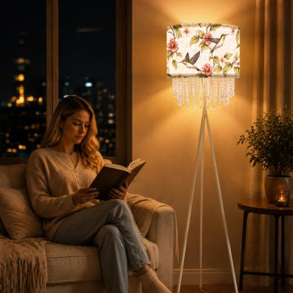 Smart Tripod Floor Lamp with Fabric Shade & Acrylic Droplets