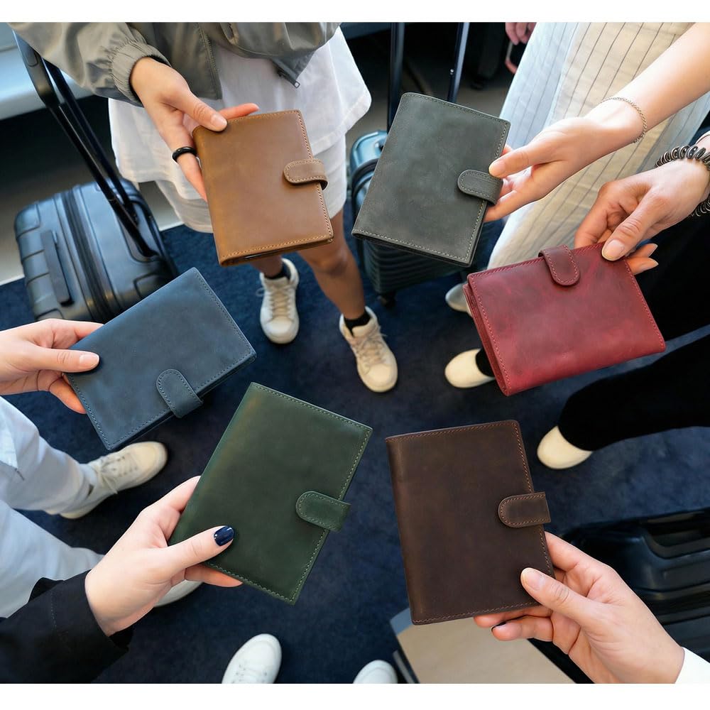 Full Grain Leather Passport Holder Compatible with Airtag Passport Wallet RFID Blocking Travel Passport Cover with SIM Card Removal Tool (Wine Red / Plain- Snap)