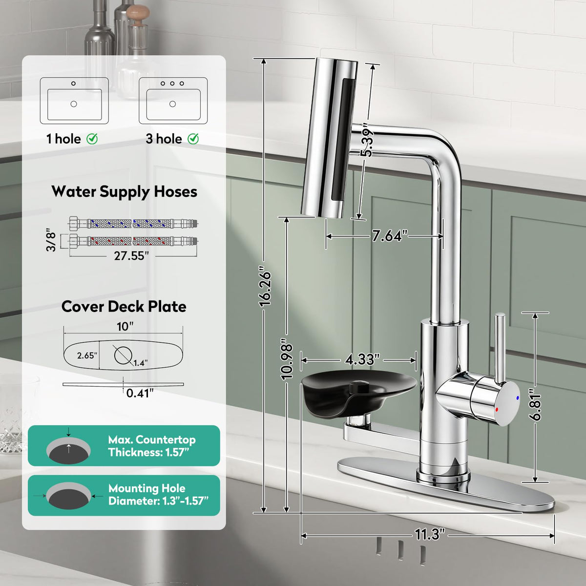 Waterfall Kitchen Faucet with Pull Down Sprayer & Cup Washer Chrome (Chrome)