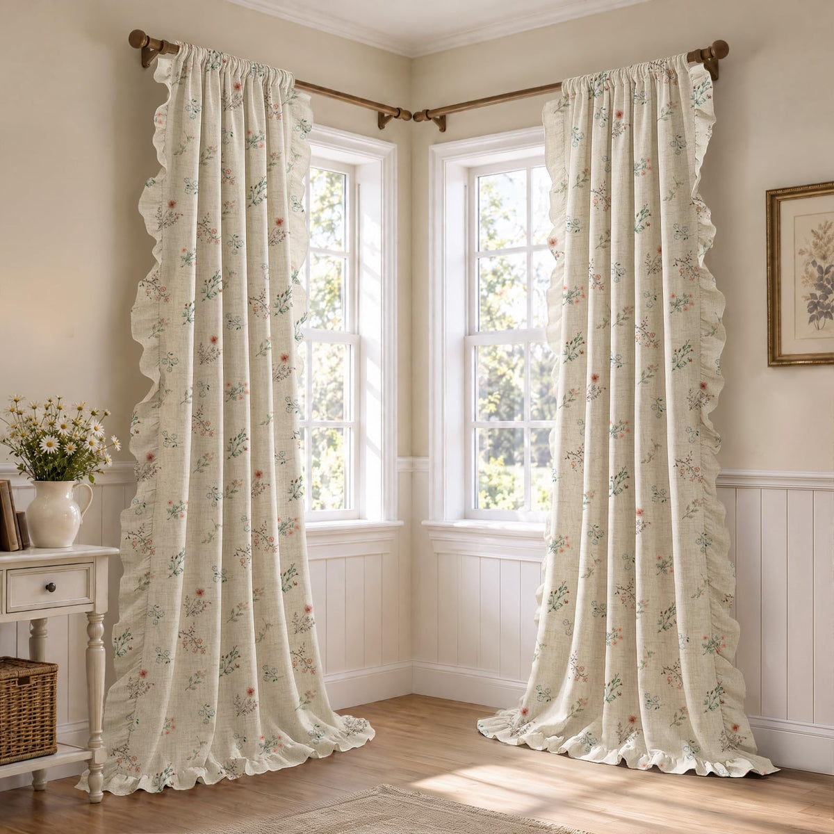 Floral Ruffle 90% Blackout Curtains 84 Inch 2 Panels Linen Texture (Ruffles / 52"W x 84"L (Pack of 2))