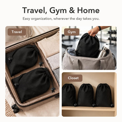6 Pack Premium Velvet Shoe Bags for Travel & Packing in Suitcases (Black)