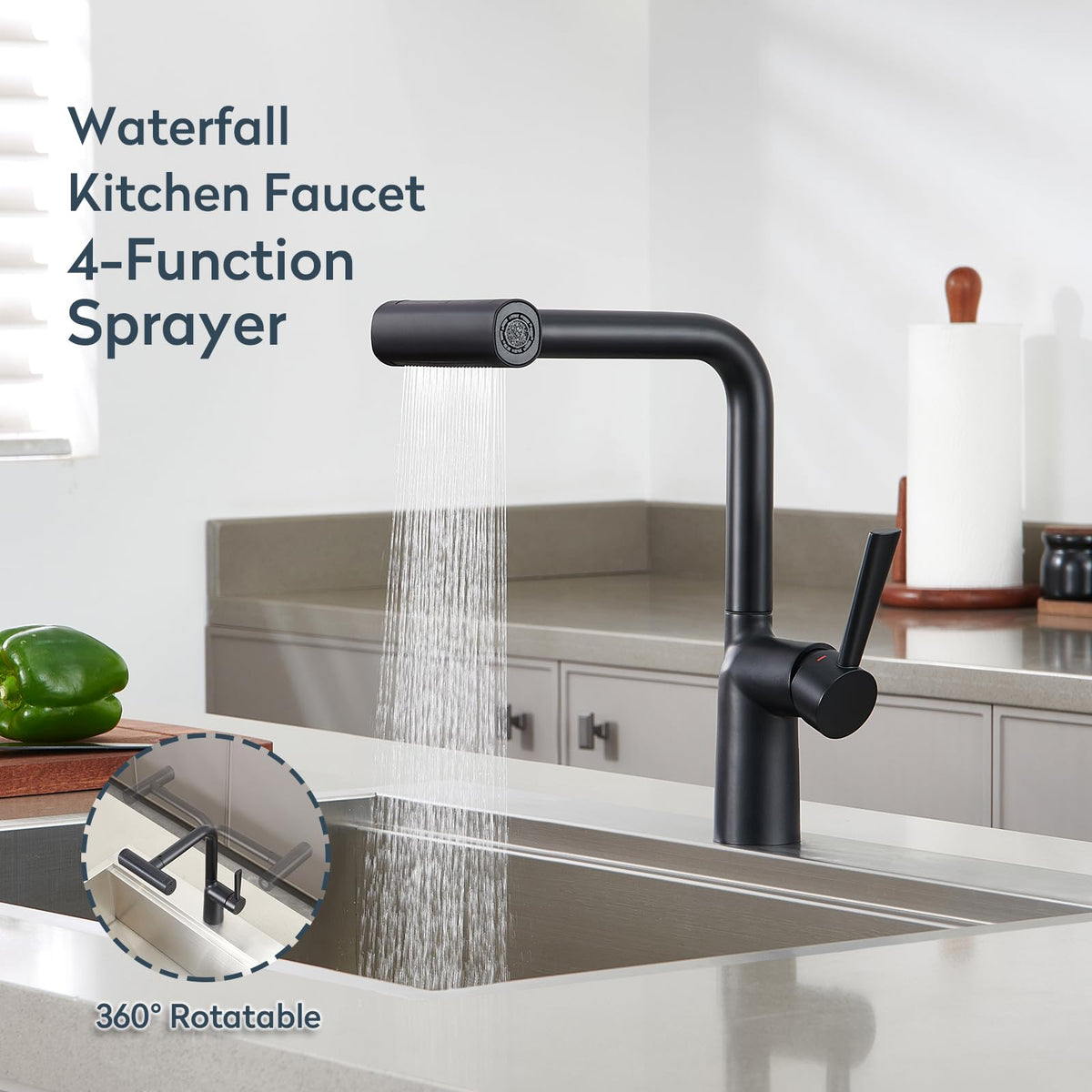 Black Waterfall Kitchen Faucets with Pull Down Sprayer (Waterfall / W-Matte Black)