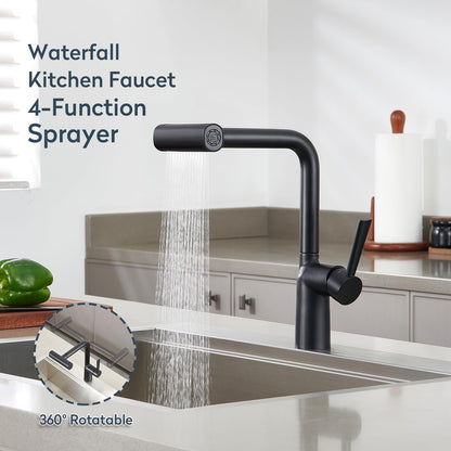 Black Waterfall Kitchen Faucets with Pull Down Sprayer (Waterfall / W-Matte Black)