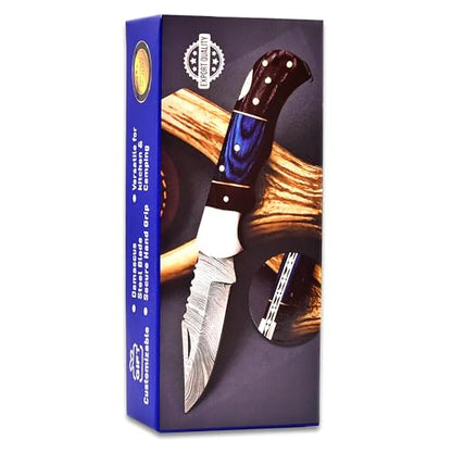 Damascus Pocket Folding Knife with Blue & Black Wooden Handle & Leather Sheath