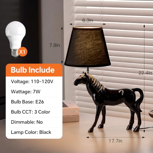 22" Tall Resin Horse Lamp 3 Color Adjustable Desk Lamp Horse Statue with Fabric Shade for Bedside Bedroom Nightstand Study Room