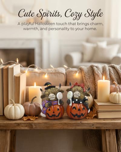Halloween Decoration Indoor Resin Figurines (Highland Cow Jack-o’-lantern)