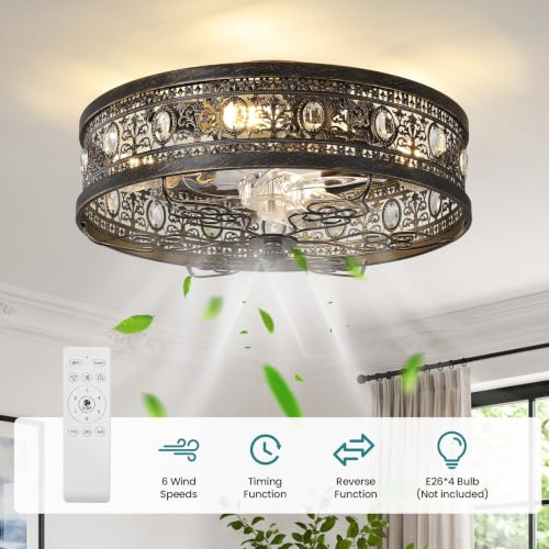 Low Profile Caged Ceiling Fan with Light Black Rustic Fandelier (Black / Flush Mount)