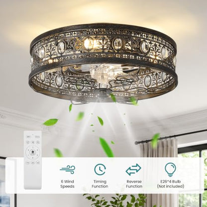 Low Profile Caged Ceiling Fan with Light Black Rustic Fandelier (Black / Flush Mount)