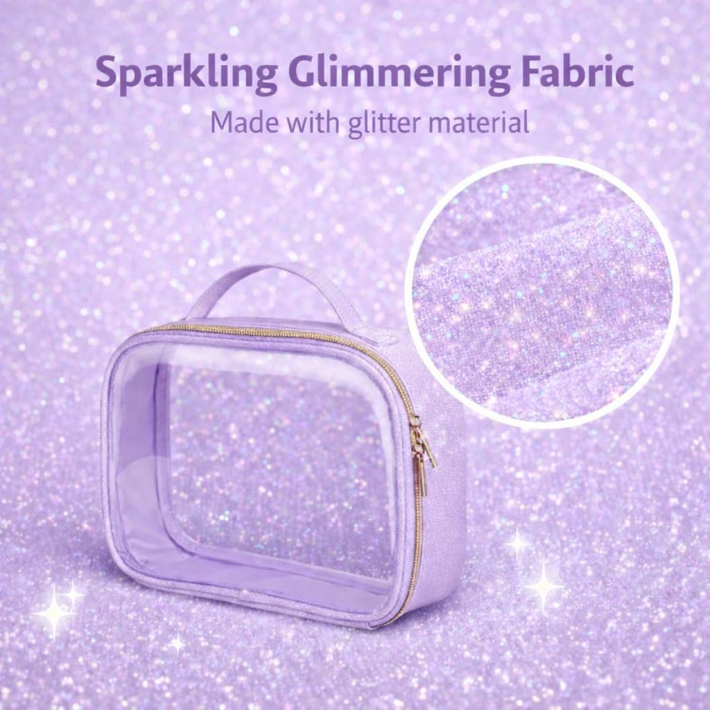Clear Makeup Bag Travel (2 Pack Glitter Textured Purple / Hybrid Traveler (1 Large & 1 Medium - Soft))