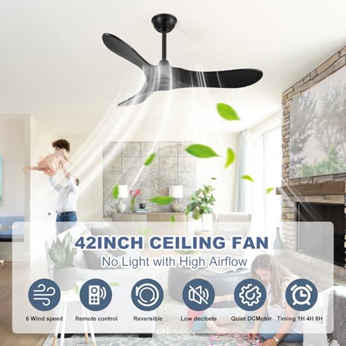 42/52/60/72''Solid Wood Ceiling Fans no Light,Ceiling Fans with Large Airflow,Indoor and Outdoor Ceiling Fan for Living Room,Bedroom,Patios