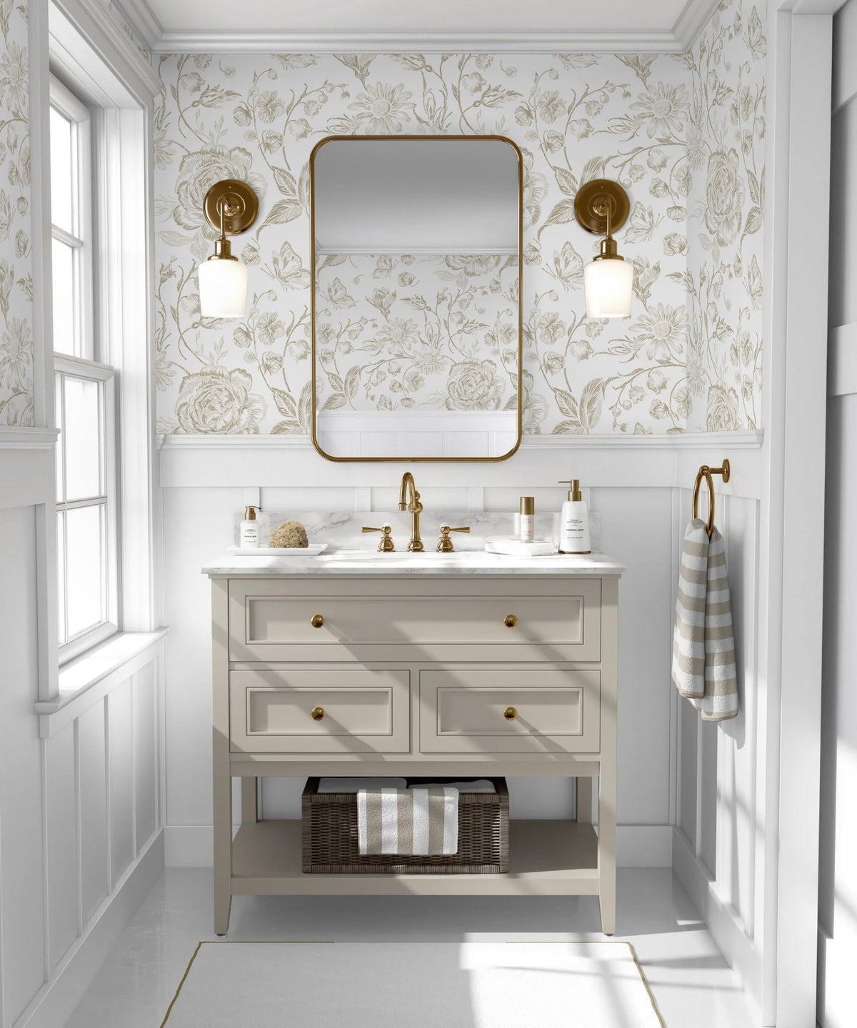 Floral Peel and Stick Wallpaper Boho Beige Contact Paper Neutral Farmhouse Vintage Wall Paper Removable Self Adhesive Wallpaper Bedroom Cabinet Bathroom Waterproof Vinyl Roll 17.3" x 78.7" (Beige and White / 17.3" x 78")
