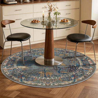 4ft Round Rug Circular Animal Print Area Rug Low Pile Indoor Rug (Dusty Blue/Multi / 4' (Round))