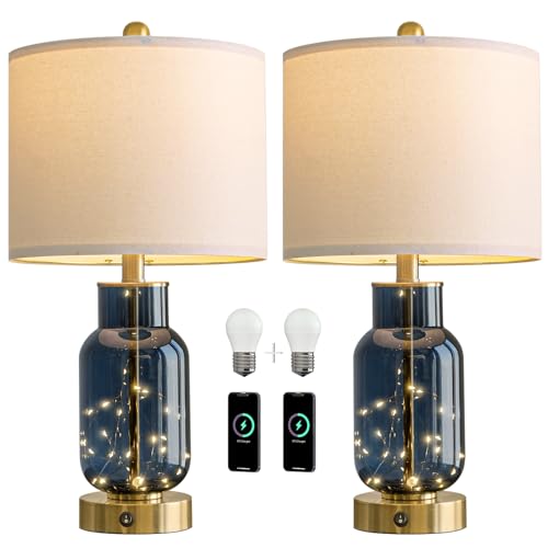 Glass Table Lamps Set of 2 with Nightlight for Bedroom