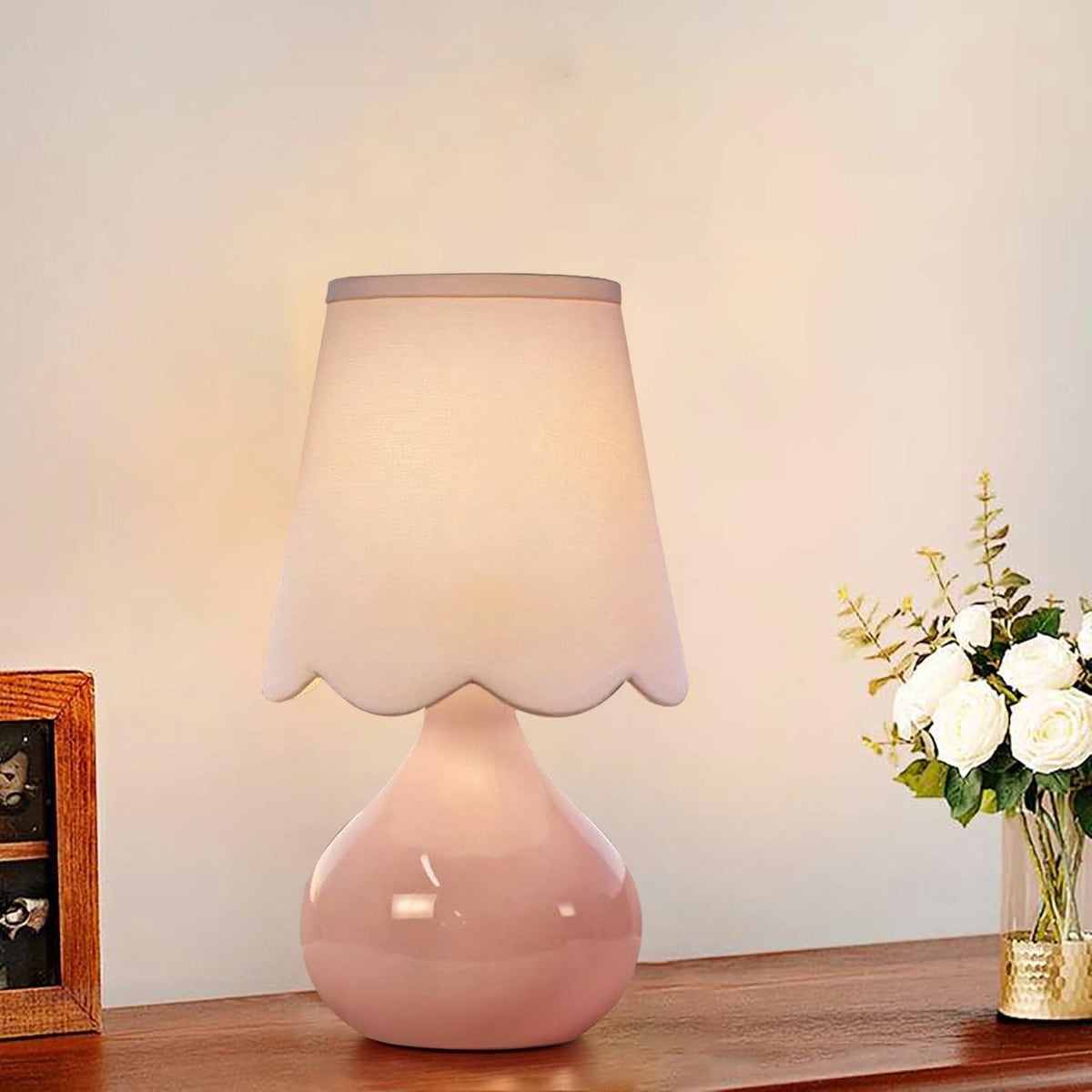 Pink Table Lamp Small Gold Bedside Lamps Dimmable Boho Bedroom Lamp with Tulip Flower Lamp Shade (Table Lamp--6)