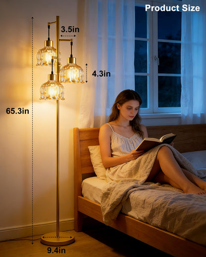 Amber Glass Floor Lamp Dimmable with LED Bulbs & Flower Shade (Amber-86I)