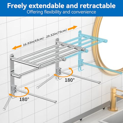 Retractable Towel Rack for Bathroom Stainless Steel Extendable Towel Shelf with 180° Swing Arms Wall (Silvery)
