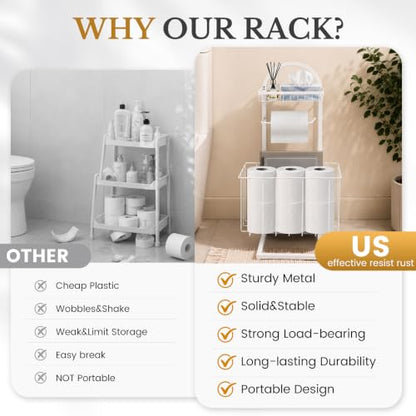Toilet Paper Holder Stand Freestanding with Storage Basket for Bathroom (White)