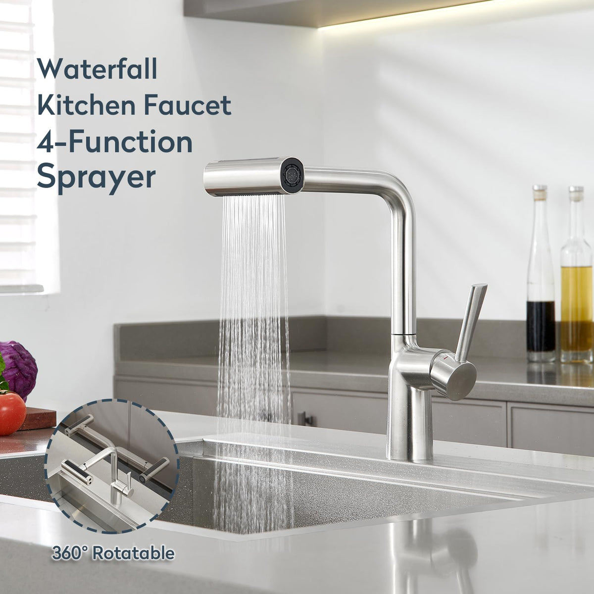 Waterfall Kitchen Faucets with Pull Down Sprayer (Waterfall / W-Stainless Steel)