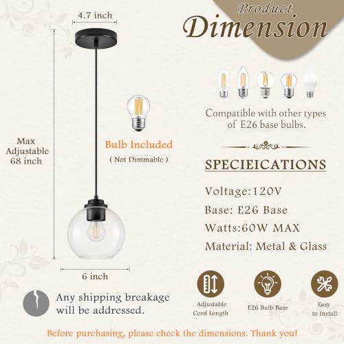 6" Black Globe Pendant Light Ribbed Glass Pendant Lights Kitchen Island Height Adjustable Mid
