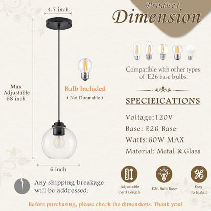 6" Black Globe Pendant Light Ribbed Glass Pendant Lights Kitchen Island Height Adjustable Mid