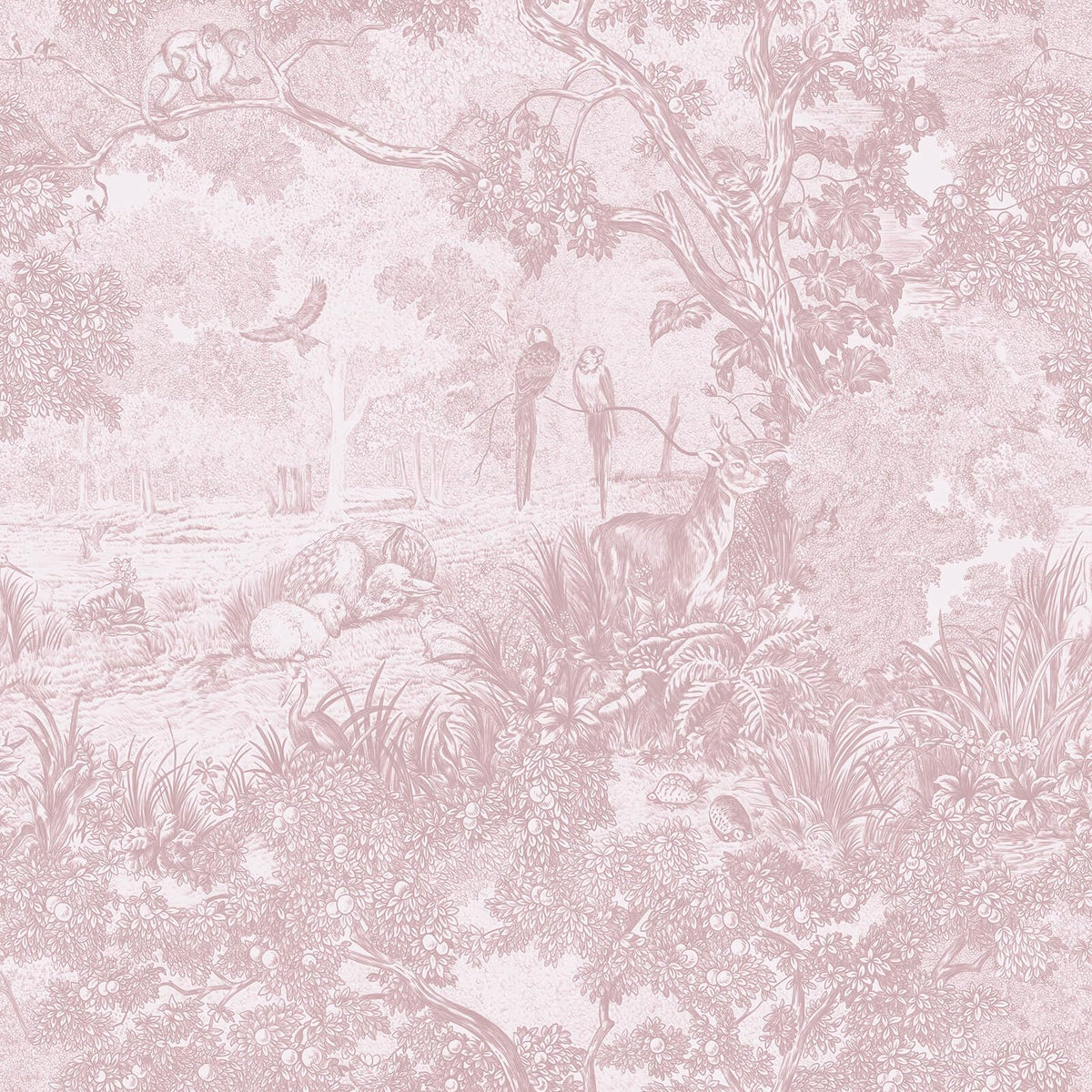 Peel and Stick Wallpaper Pink and White Vintage Forest Animals Floral Wallpaper Removable Self (Soft Pink / 17.3" x 78.7")
