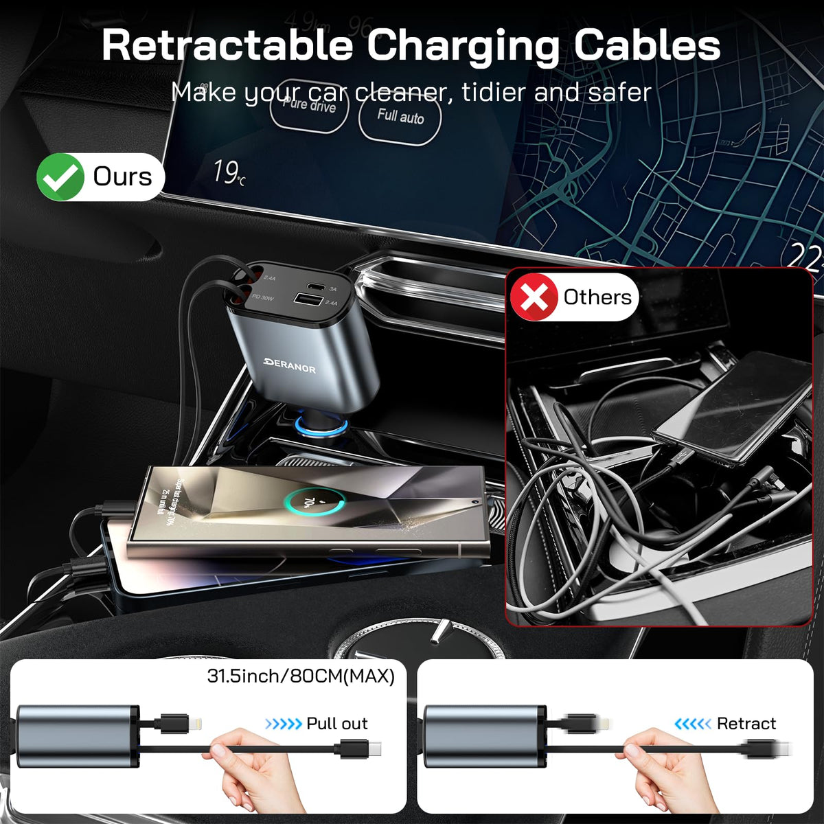 2 Pack] Retractable Car Charger (2 Pack C + L Retractable Cords)