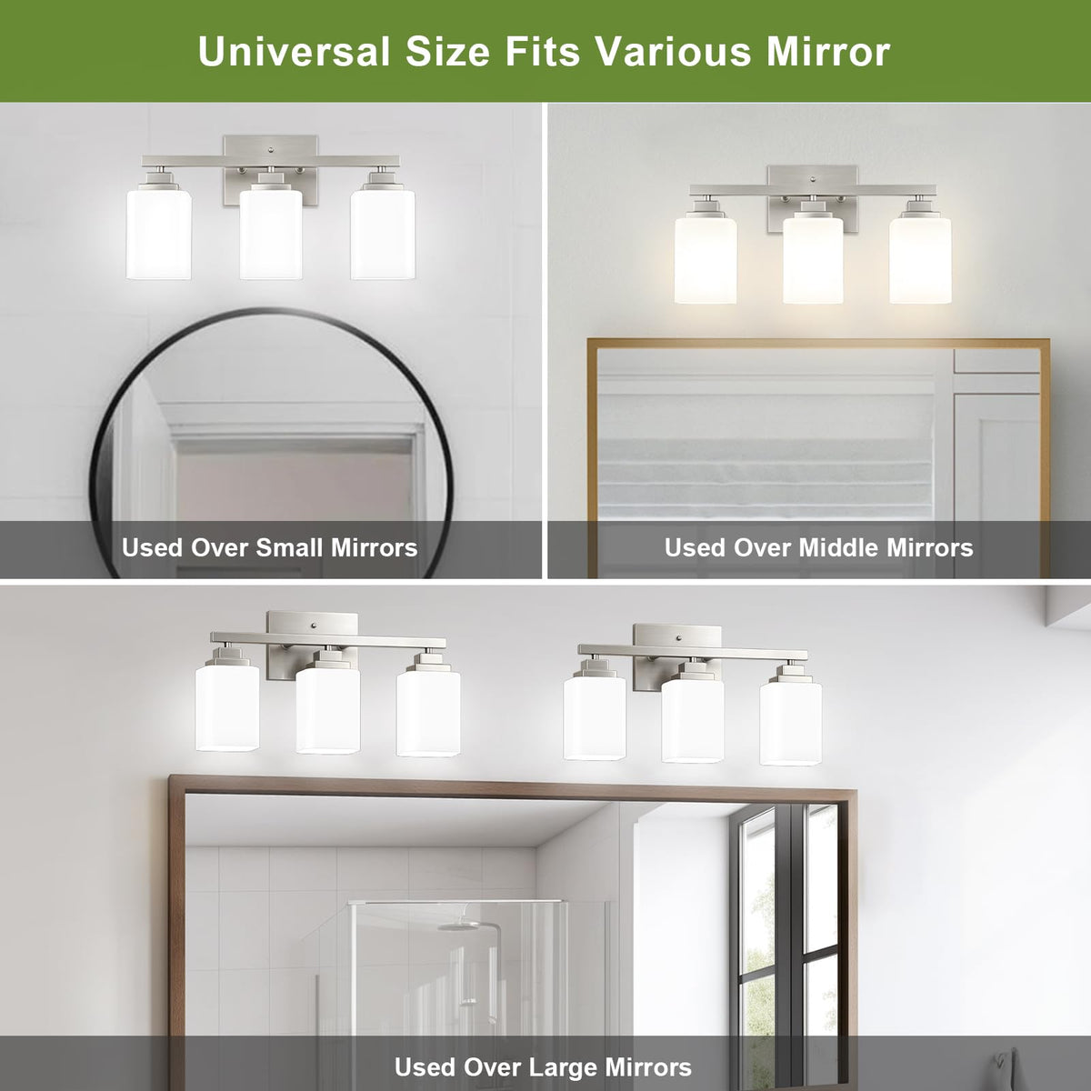 Brushed Nickel Bathroom Light Fixtures (Nickel-White Shade / 3-Light)