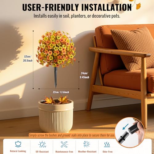 2Pcs Artificial Fall Topiary Ball Flowers for Outdoors (Orange Yellow)