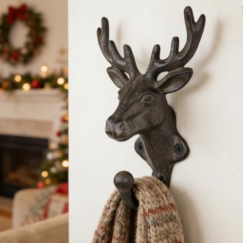 Rustic Deer Head Cast Iron Wall Hooks 2 Pack