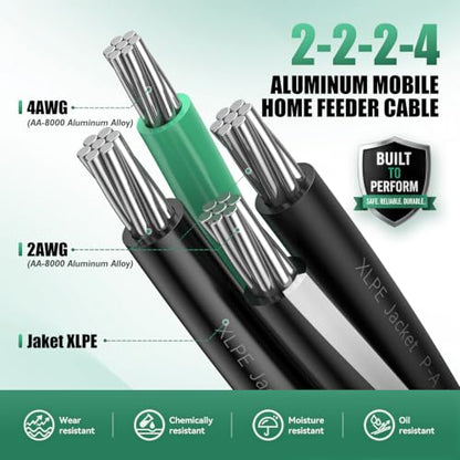 2-2-2-4 Aluminum Service Entrance Feeder Cable,600V100A Direct Burial 4 Conductor Electrical Wire for Mobile Homes, Residential Service Entrance, Underground Power Distribution & Home Wiring
