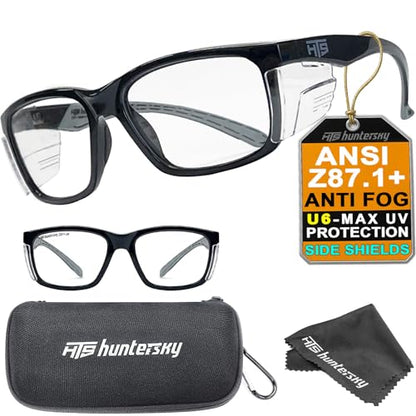 E60 Anti Fog Safety Glasses with Side Shields ANSI Z87 Eye Protection for Men Women Lab Chemistry Goggles DIY with Carrying Case (Black & Clear W/ Case)