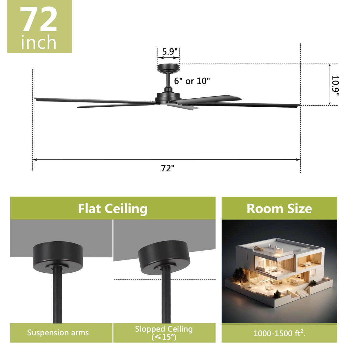72" Outdoor Ceiling Fan With Remote (Black / 72-inch)
