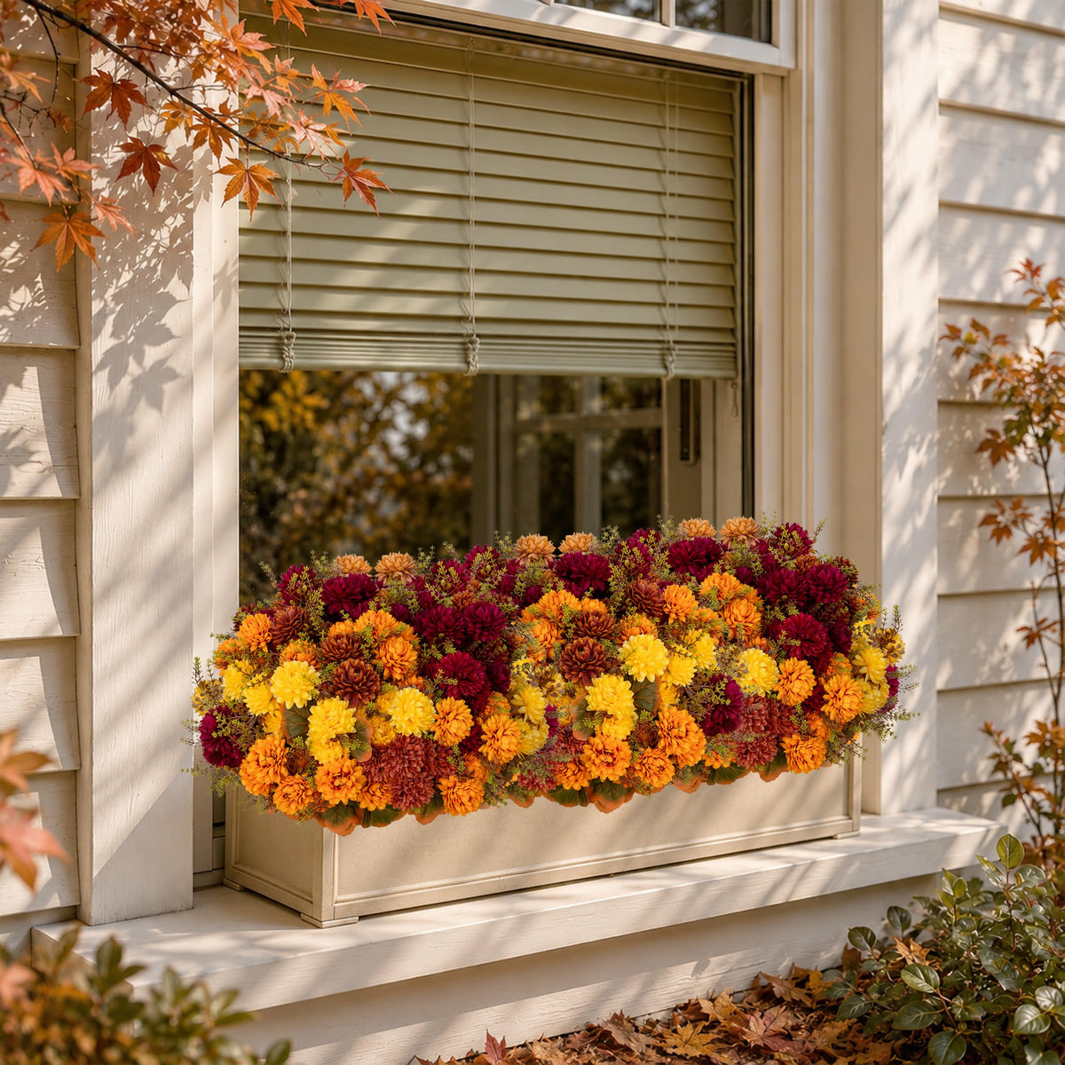 Artificial Mums for Outdoors (Multi-orange Yellow Burgundy Brown / 15.2 inches)