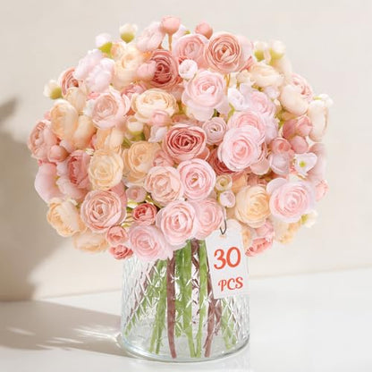 30Pcs Ranunculus Artificial Flowers Faux Silk Mini Flowers Indoor (Rose&cream&shabby Blush)