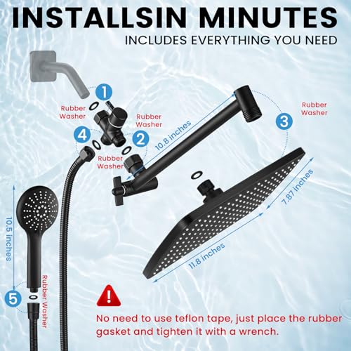 Shower Head with Handheld (A-Matte Black / Rectangular 12")