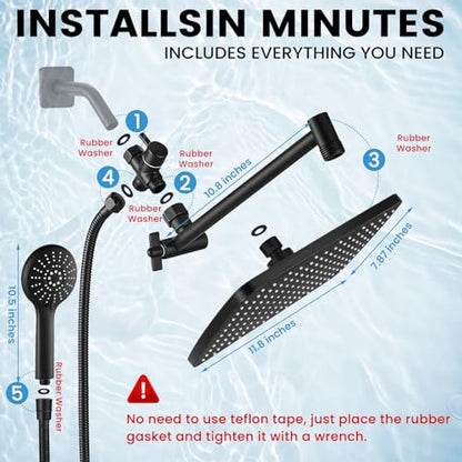 Shower Head with Handheld (A-Matte Black / Rectangular 12")