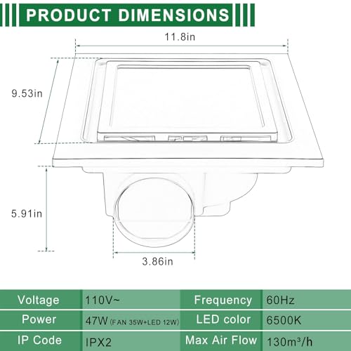 12" Ultra Quiet Bathroom Exhaust Fan with 6500K LED Light