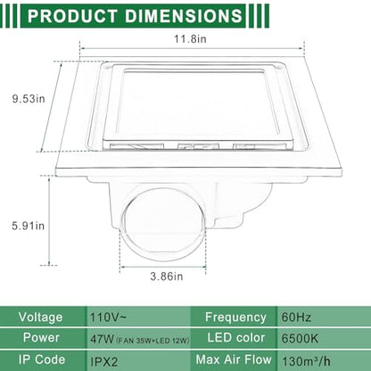 12" Ultra Quiet Bathroom Exhaust Fan with 6500K LED Light